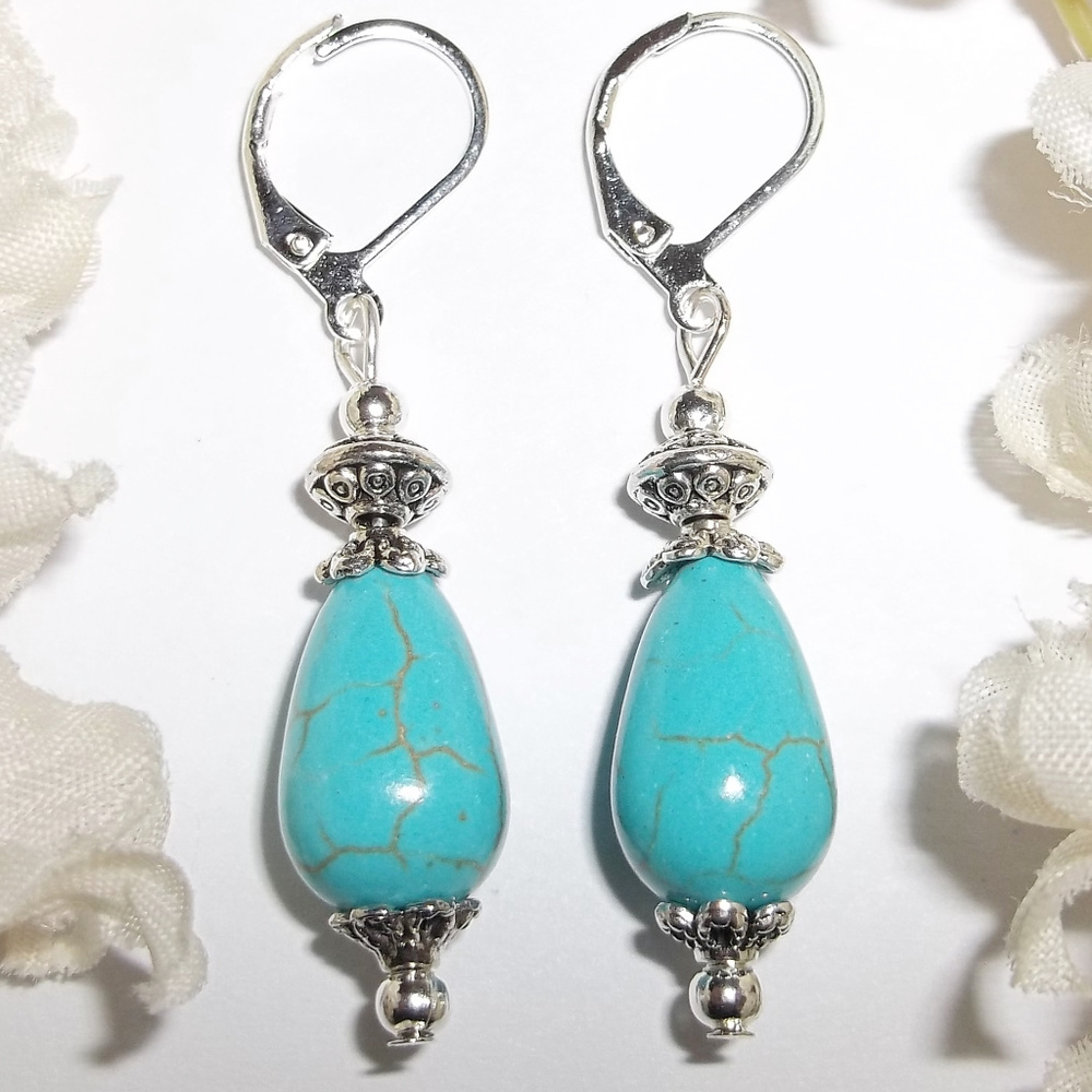 Faux Turquoise Blue Earrings Teardrop Set Handmade Beaded Jewelry NWT D9124